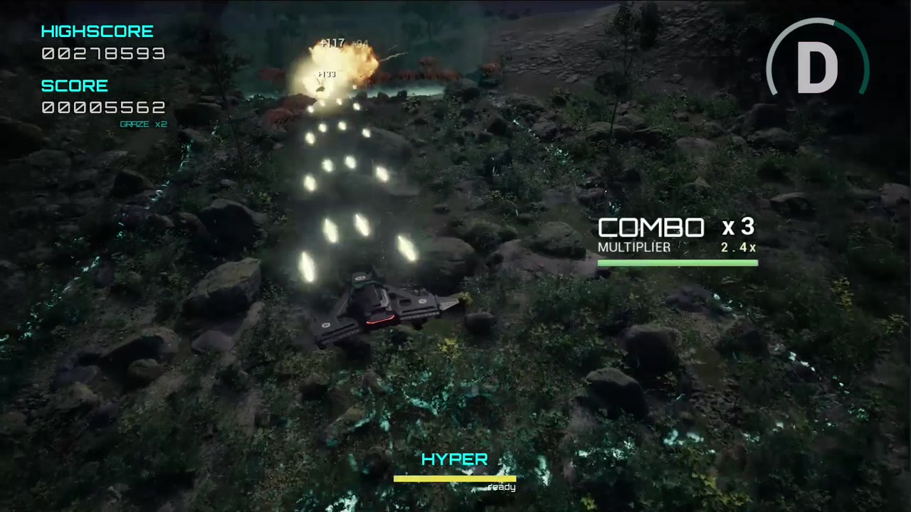 In-engine capture: the cinematic third-person camera frames the ship against the luminous dark arena.