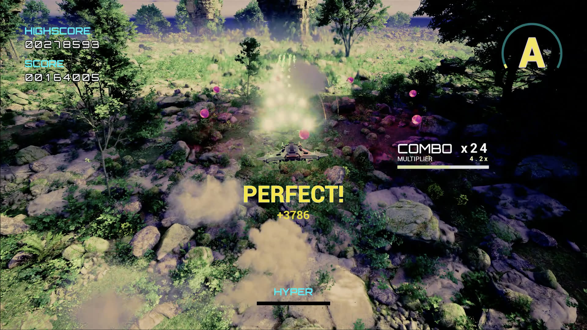 In-engine capture: the player ship holds focus inside a spread of enemy bullets.